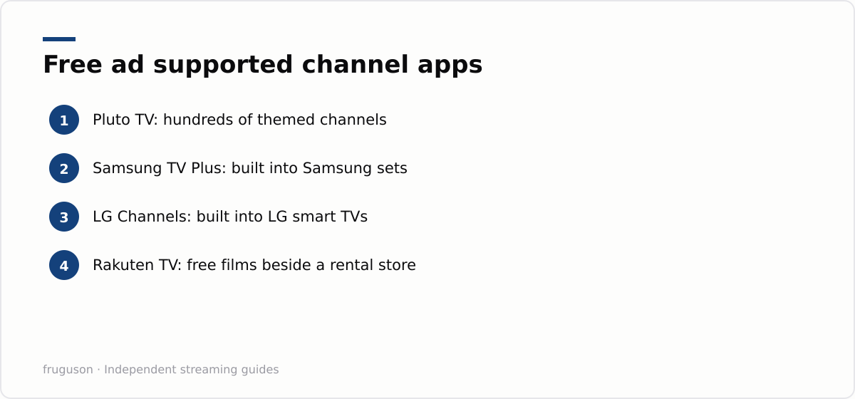 Free ad supported channel apps: Pluto TV: hundreds of themed channels, Samsung TV Plus: built into Samsung sets, LG Channels: built into LG smart TVs, Rakuten TV: free films beside a rental store