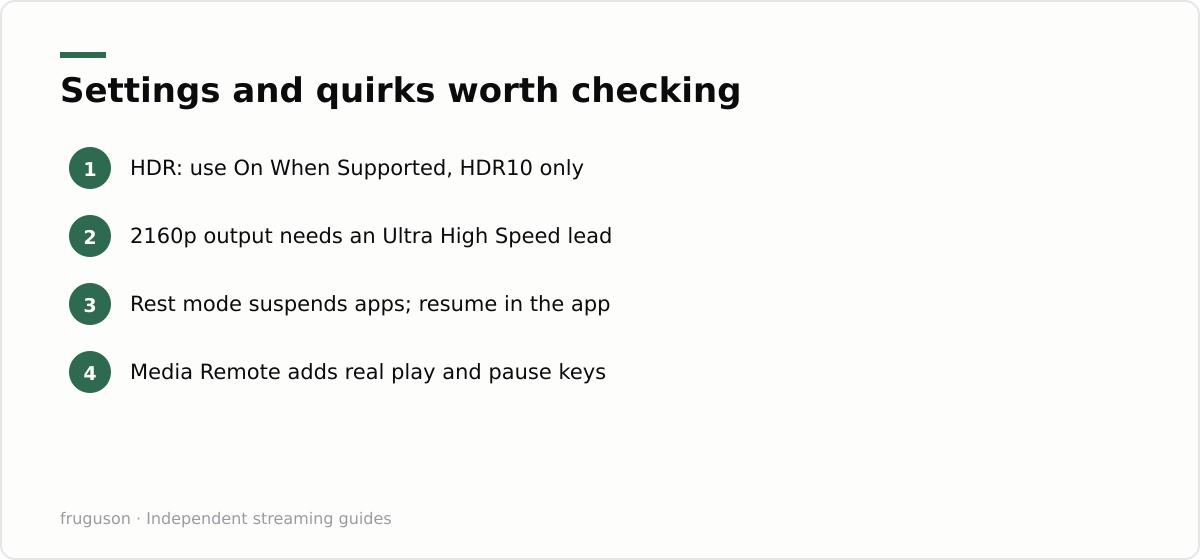 Settings and quirks worth checking: HDR: use On When Supported, HDR10 only, 2160p output needs an Ultra High Speed lead, Rest mode suspends apps; resume in the app, Media Remote adds real play and pause keys