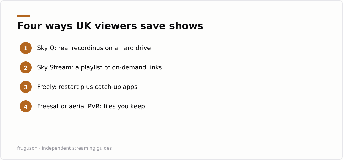 Four ways UK viewers save shows: Sky Q: real recordings on a hard drive, Sky Stream: a playlist of on-demand links, Freely: restart plus catch-up apps, Freesat or aerial PVR: files you keep
