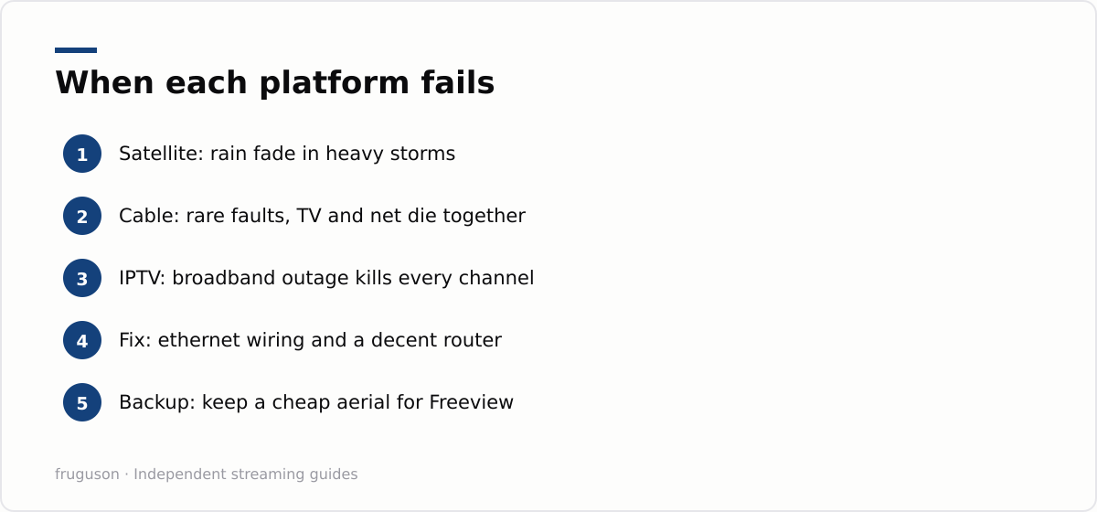 When each platform fails: Satellite: rain fade in heavy storms, Cable: rare faults, TV and net die together, IPTV: broadband outage kills every channel, Fix: ethernet wiring and a decent router, Backup: keep a cheap aerial for Freeview