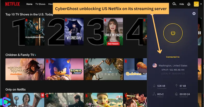 CyberGhost unblocking US Netflix